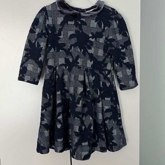 Janie & Jack navy pattern dress velvet collar - Picture 1 of 4